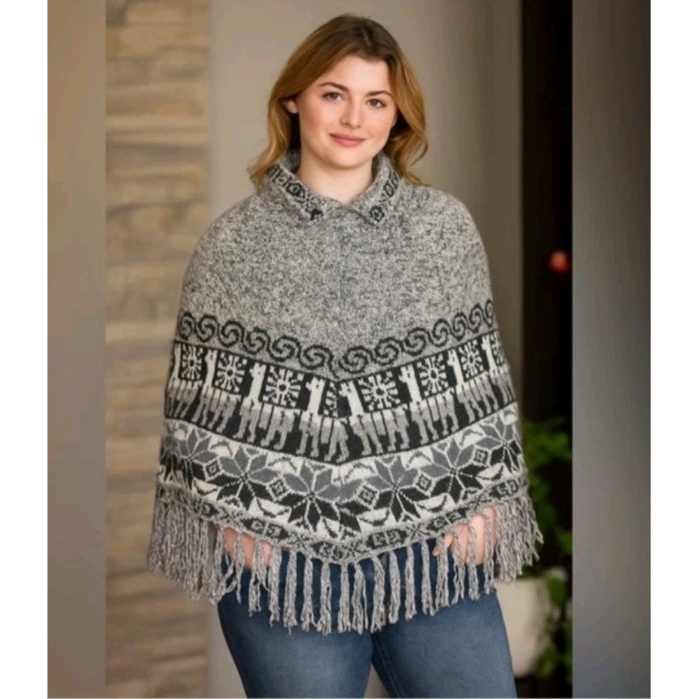 Alpaca Wool Hand Knit Poncho Sweater Collared Western Boho Fair Aisle OS Cape